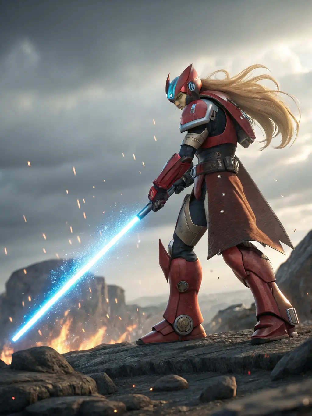 A detailed illustration of Zero, Mega Man X's enigmatic partner, showcasing his Z-Saber and determined expression, set against a backdrop of a battlefield.