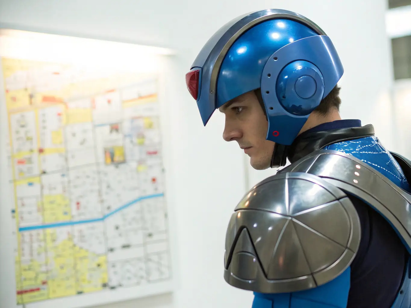 An image depicting X equipped with a specific armor part, with an overlay indicating the location of that armor part on a game map.